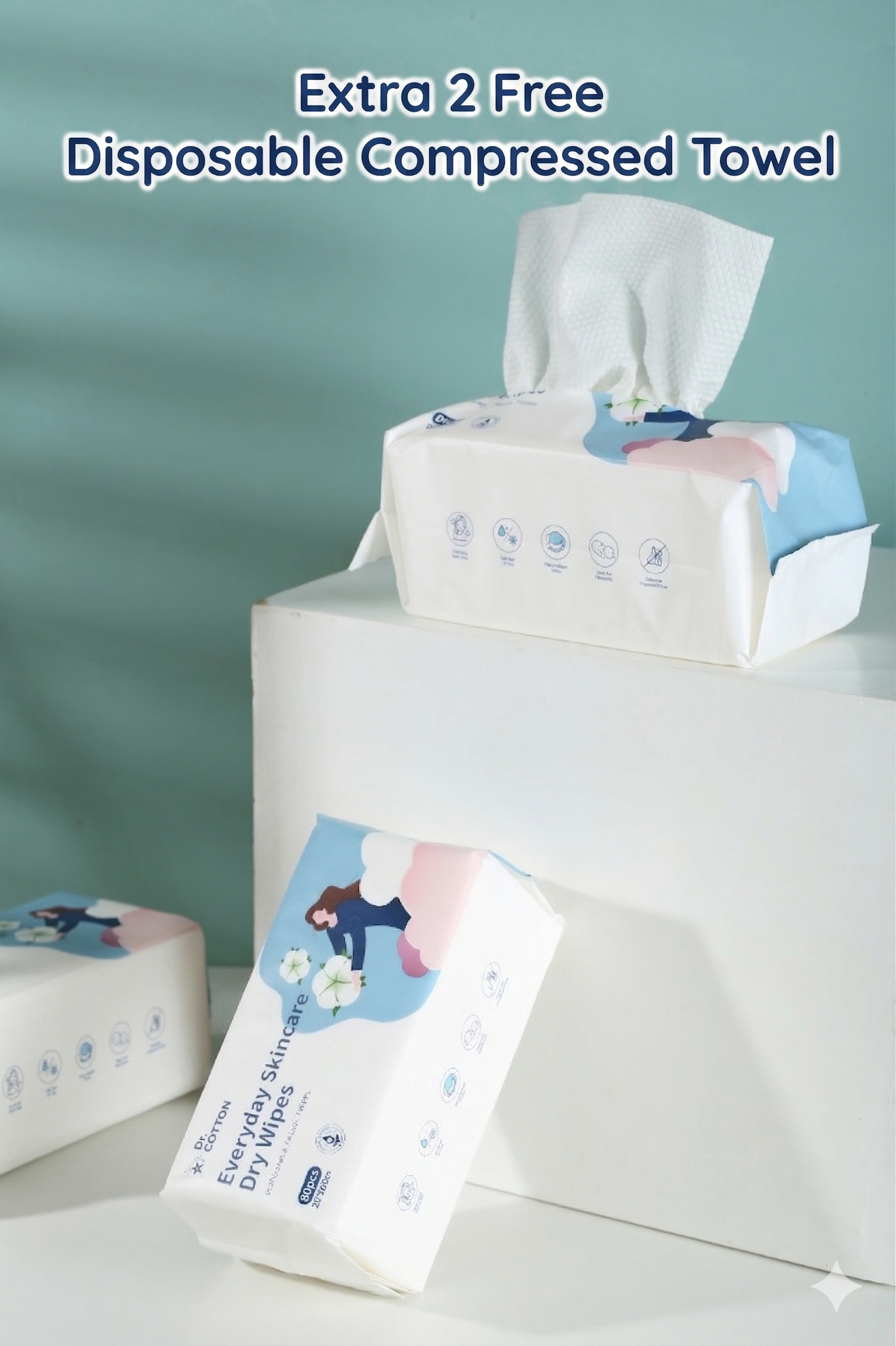 Dr.Cotton Facial Tissue/Wipe For Everyday Skin Care ( 10 Pack ) +2  FreeDisposable Compressed Towel